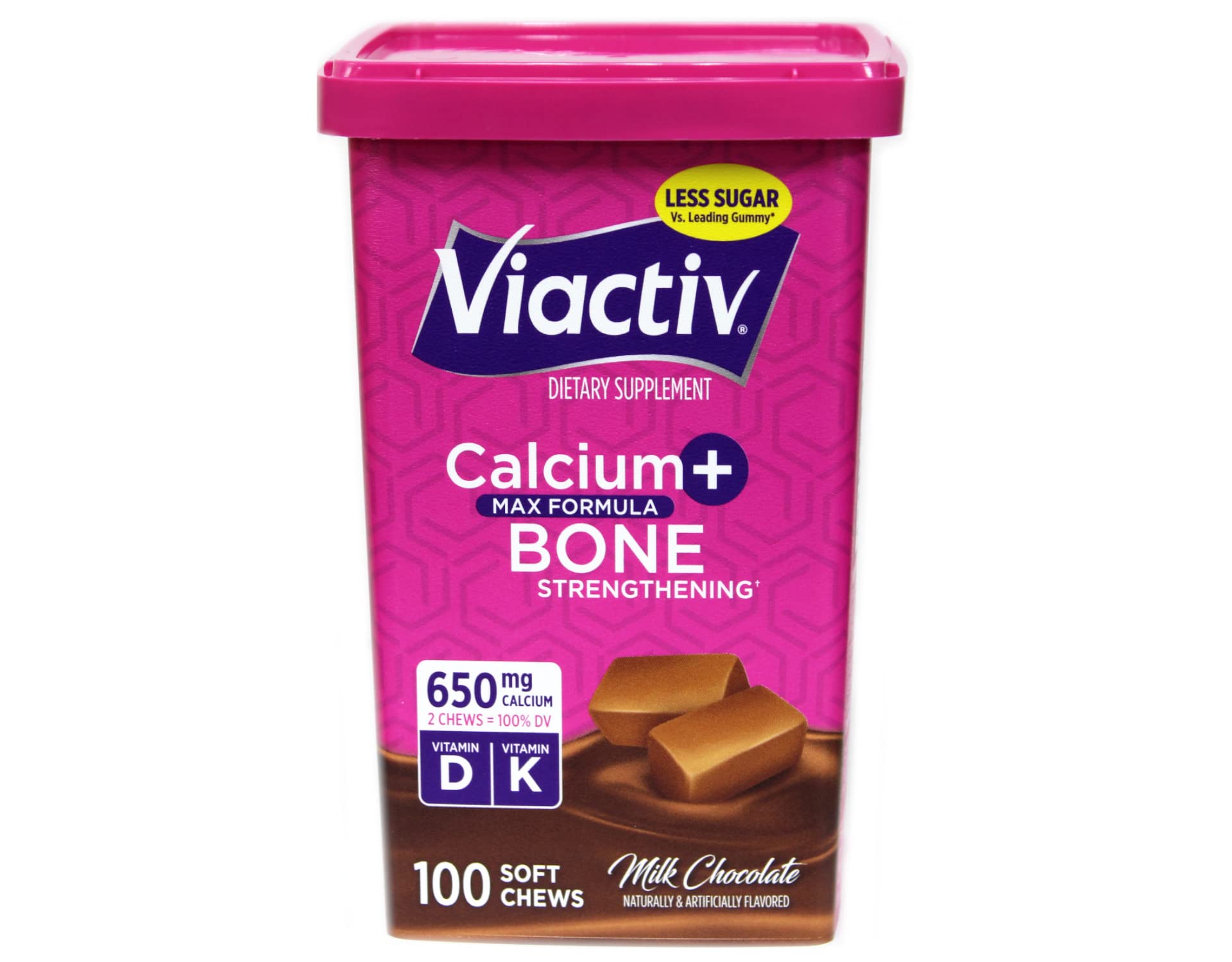 Viactiv Max milk chocolate chews close-up, a tasty source of calcium.