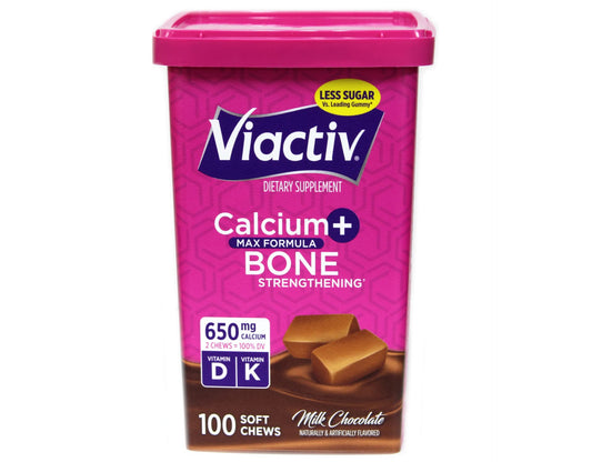 Viactiv Max milk chocolate chews close-up, a tasty source of calcium.