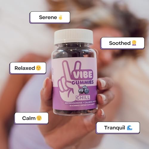 Vibe Gummies gaba-l-theanine label closeup suggests relaxed focus.