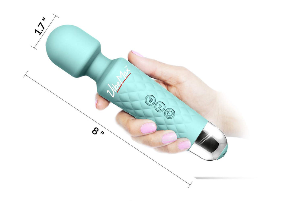 VibeMax turquoise massager used on neck for quick relief
