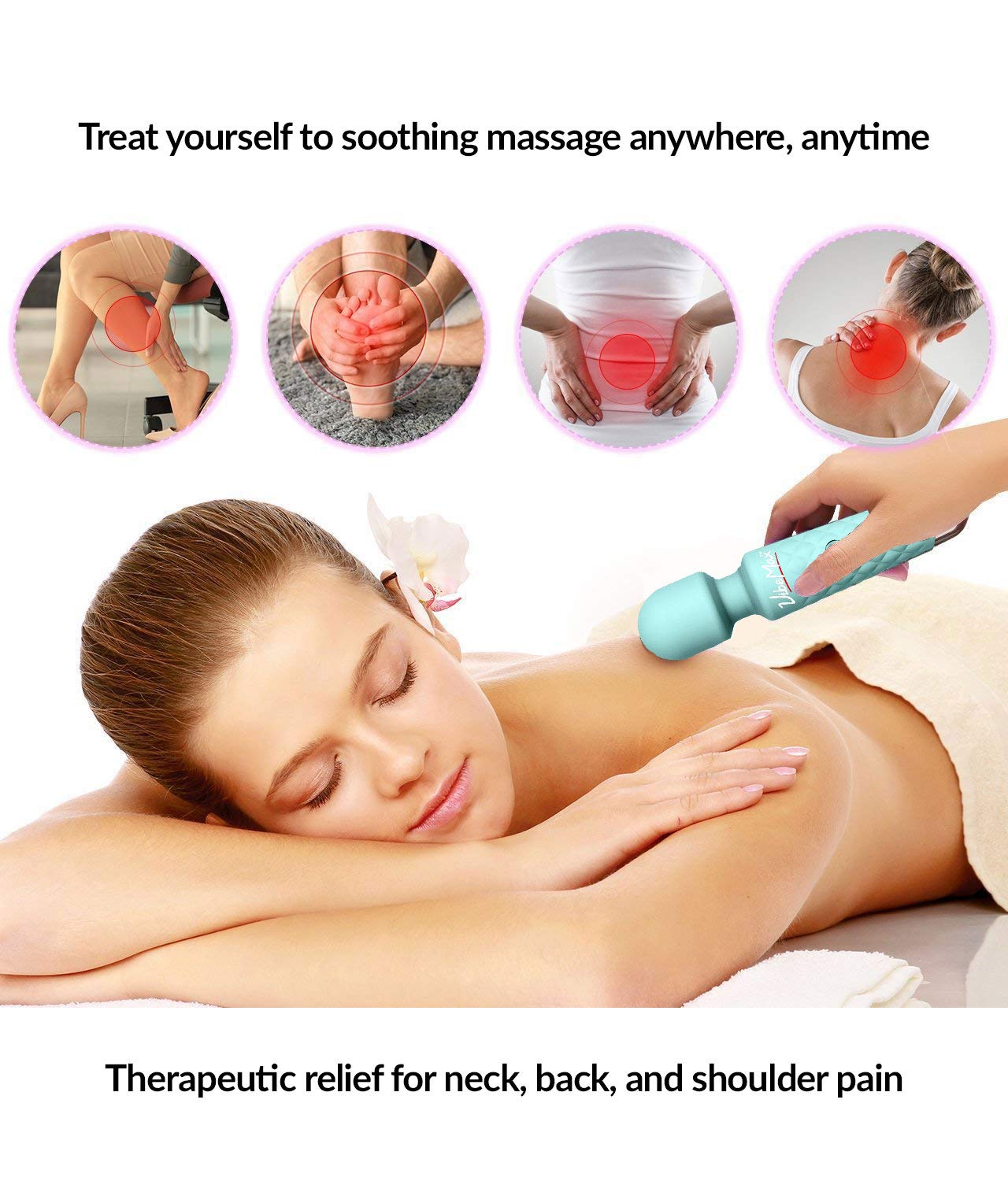 VibeMax turquoise massager on shoulders and back for targeted relief
