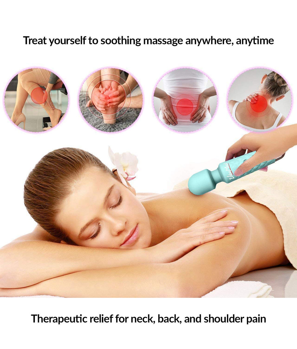 VibeMax turquoise massager on shoulders and back for targeted relief