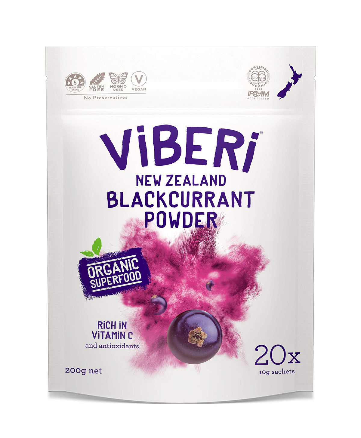 ViBERi Organic Blackcurrant Powder 20 sachets for convenient daily vitamin C.
