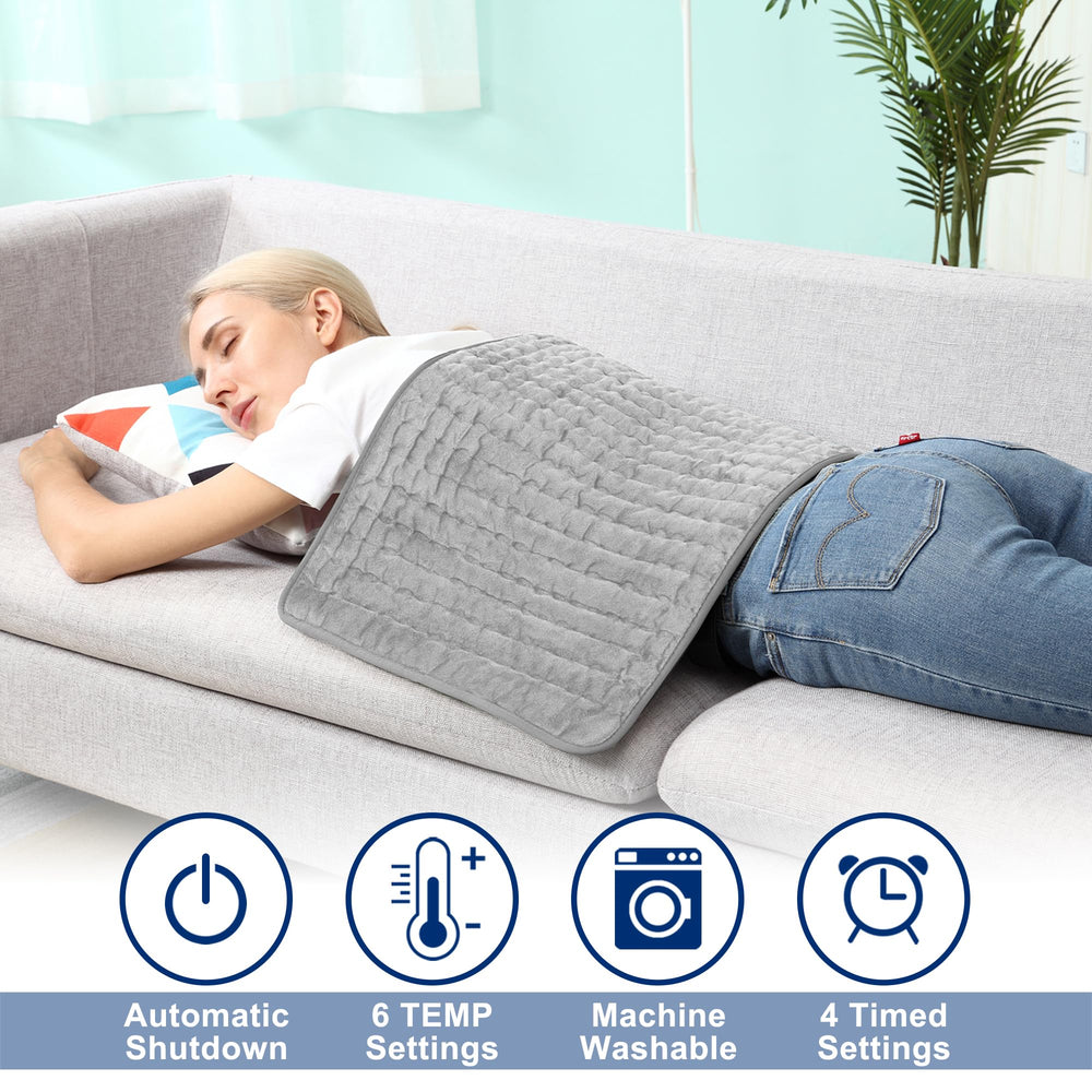 VIBOOS heating pad temperature dial showing six heat levels for customizable comfort