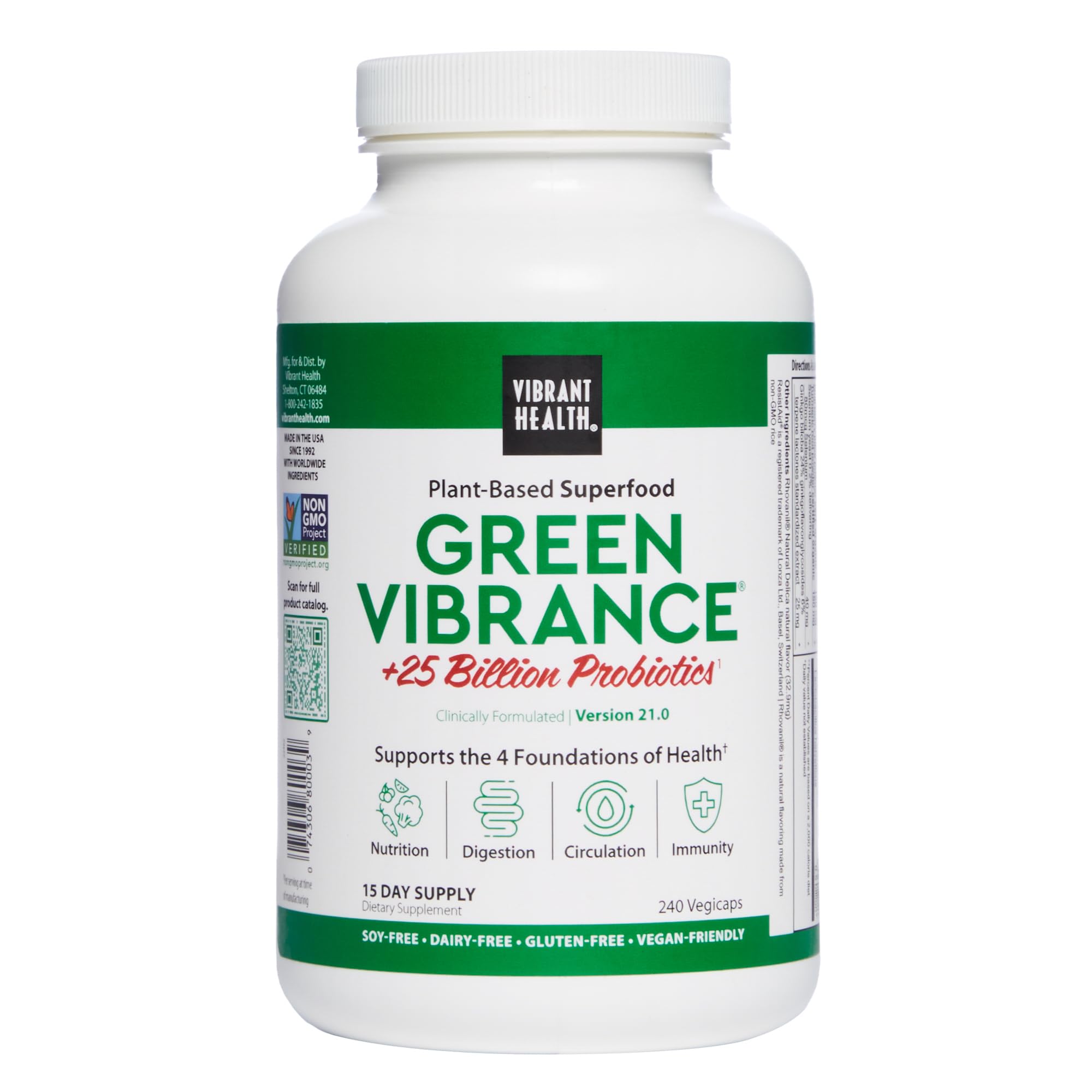 Vibrant Health Green Vibrance bottle front demonstrating vegan capsules for daily nutrition