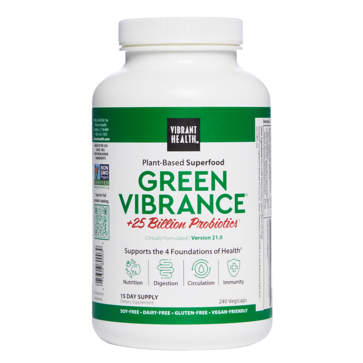 Vibrant Health Green Vibrance bottle front demonstrating vegan capsules for daily nutrition