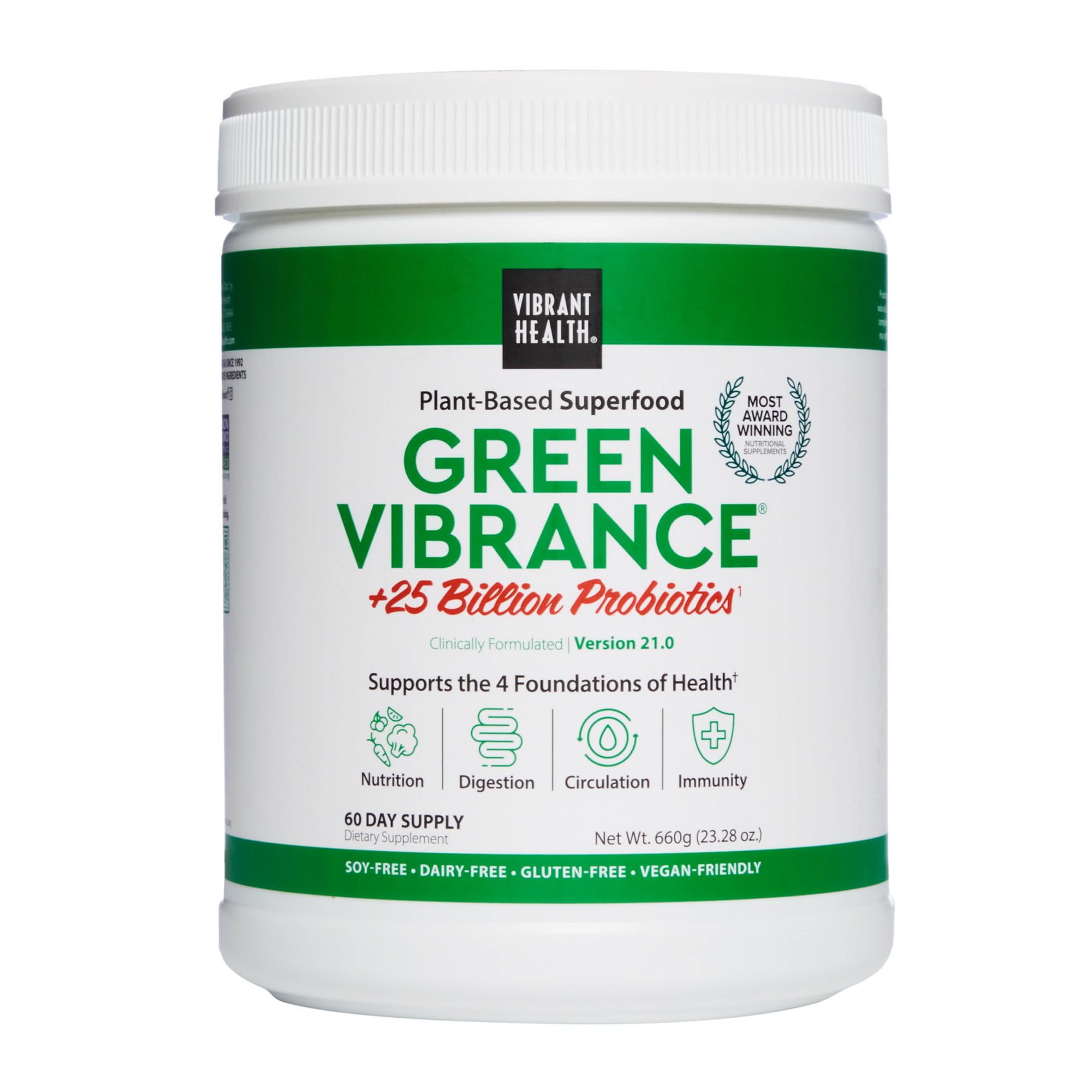 Vibrant Health Green Vibrance tub front for daily greens with vegan formula