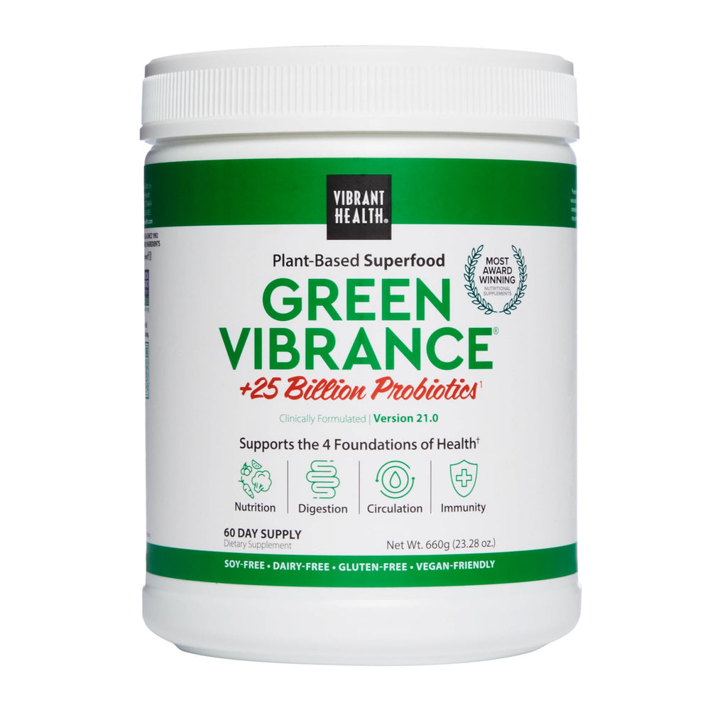 Vibrant Health Green Vibrance tub front for daily greens with vegan formula
