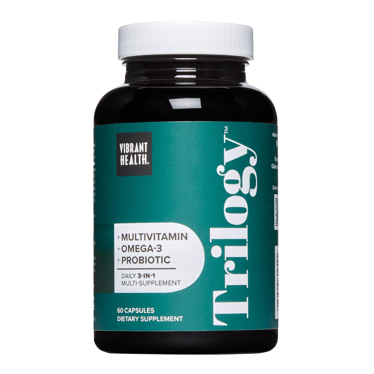 Vibrant Health Trilogy bottle-front shows a complete daily wellness blend.