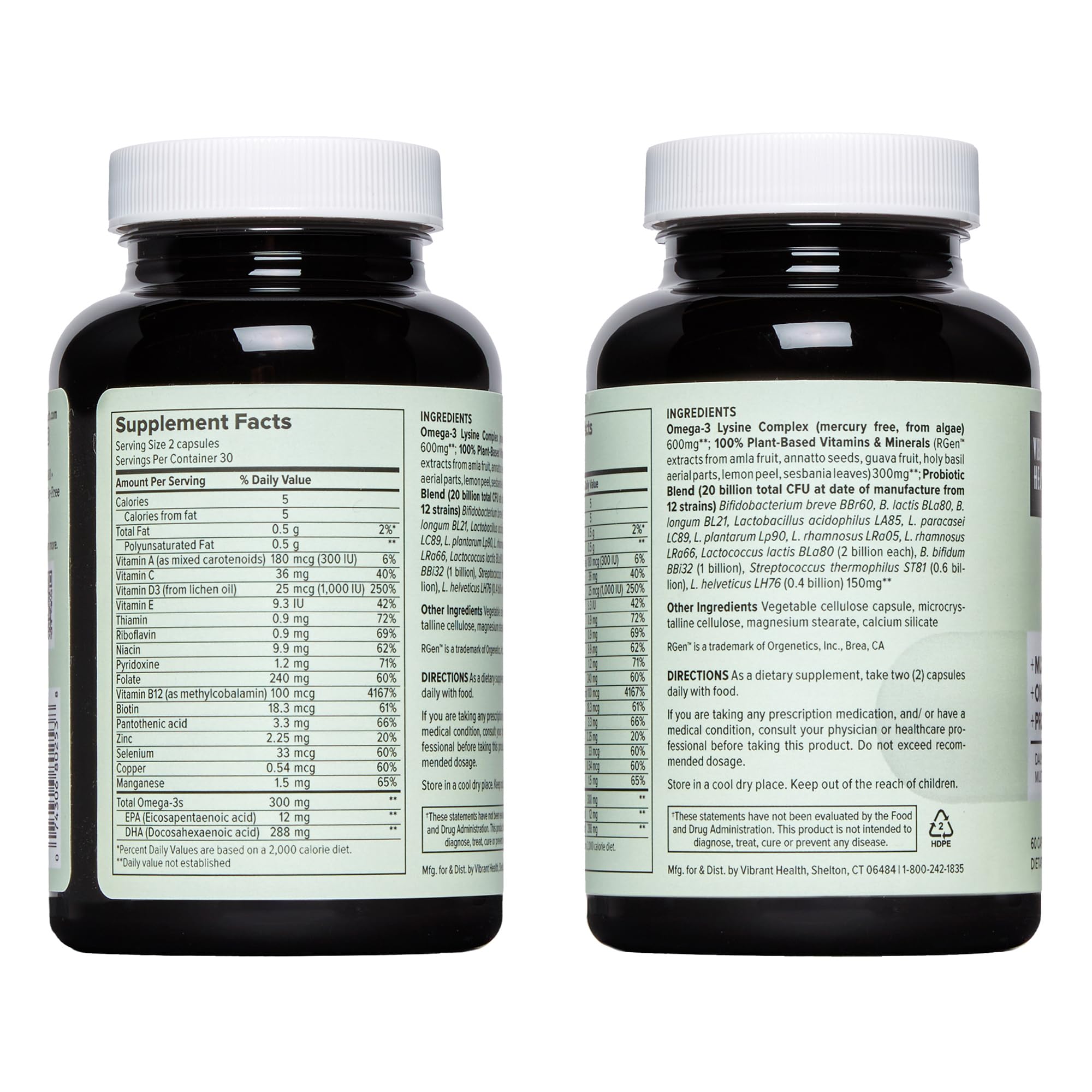 Vibrant Health Trilogy omega-3 softgels highlight vegan, sustainable fatty acids.