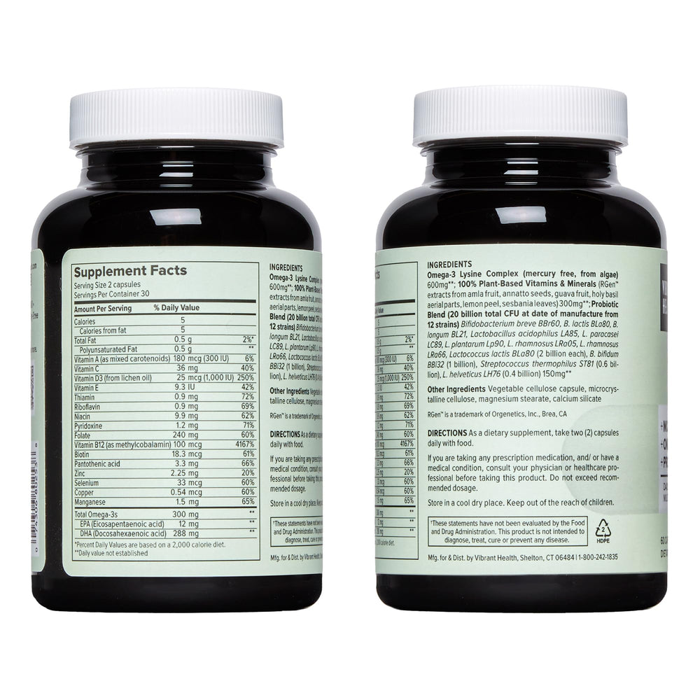 Vibrant Health Trilogy omega-3 softgels highlight vegan, sustainable fatty acids.