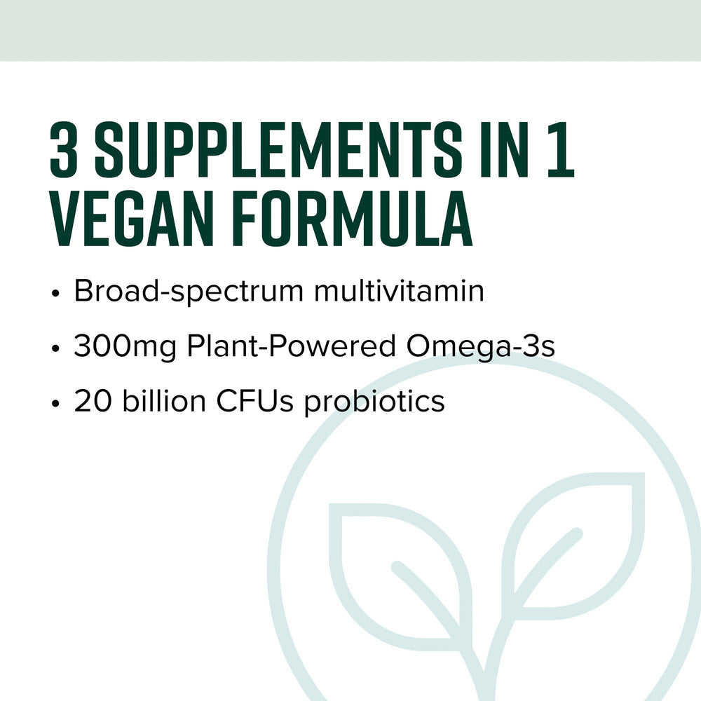 Vibrant Health Trilogy Vegan bottle back highlights ingredients and vegan-friendly formulation.