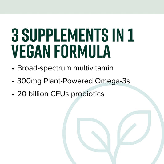 Vibrant Health Trilogy Vegan bottle back highlights ingredients and vegan-friendly formulation.