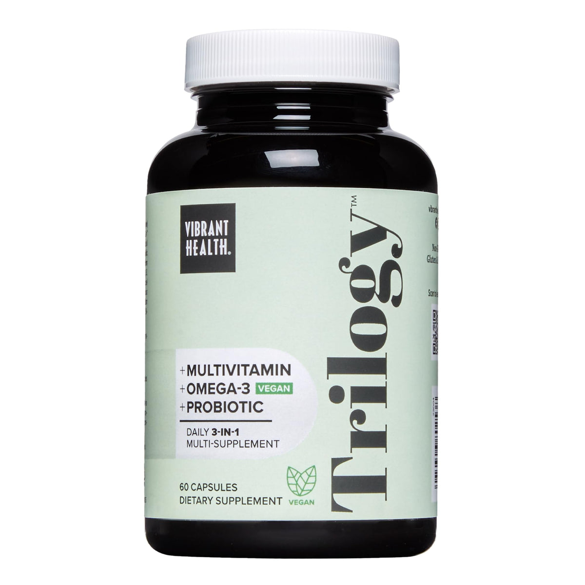 Vibrant Health Trilogy Vegan bottle front shows 3-in-1 wellness blend for daily support.