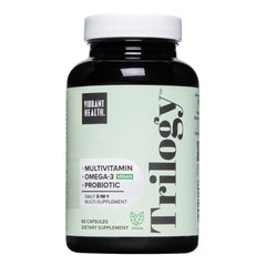 Vibrant Health Trilogy Vegan bottle front shows 3-in-1 wellness blend for daily support.