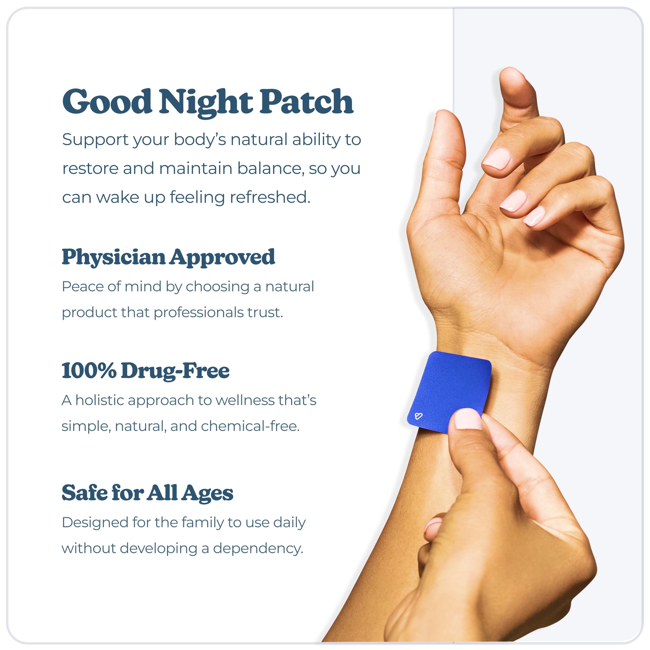 Vibrants Good Night Patches refill pack closeup highlighting the bio-frequency formula for sleep.
