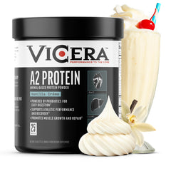 VICERA A2 Protein Powder bottle with Vanilla Creme, ideal for smoothies.