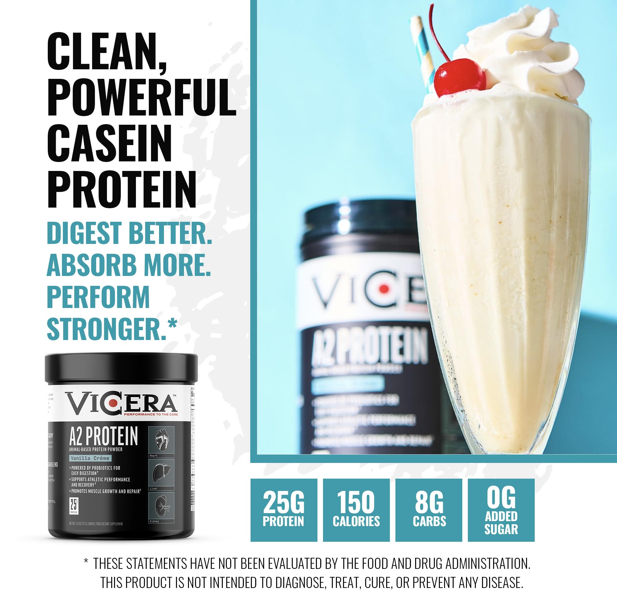 VICERA A2 protein powder being stirred into a glass shake for daily nourishment.