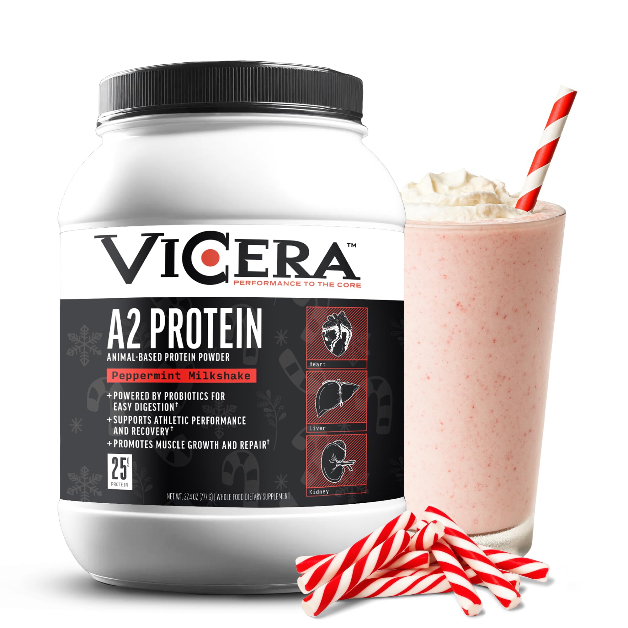 ViCera A2 protein powder tub label highlighting organic protein for daily fueling