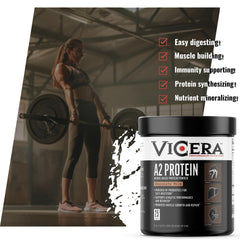 Vicera A2 Protein Powder tub close up with readable label