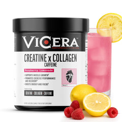 VICERA Creatine x Collagen x Caffeine powder tub front label featuring Raspberry Lemonade flavor
