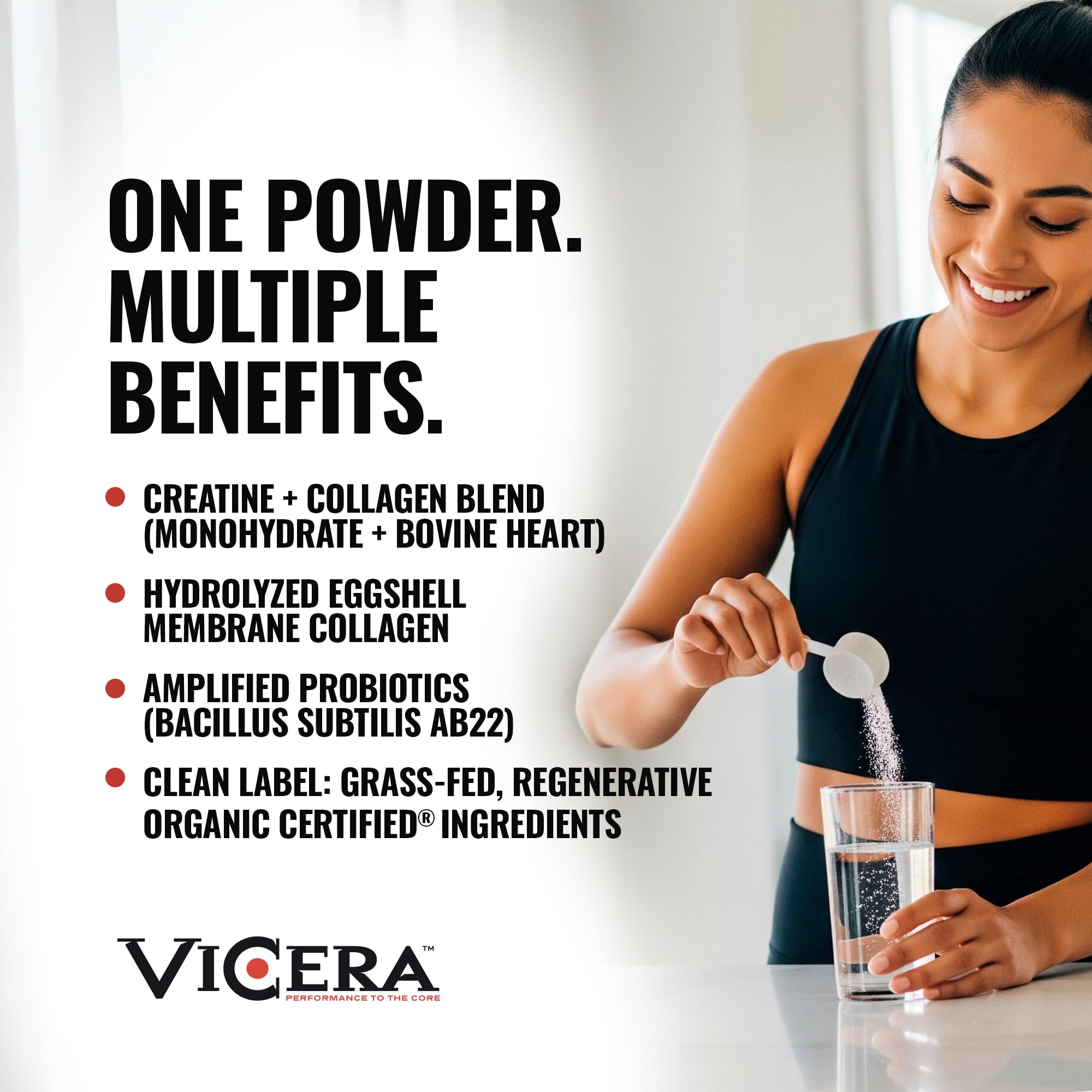 VICERA Creatine and Collagen Powder packaging highlighting gluten-free and non-GMO features.