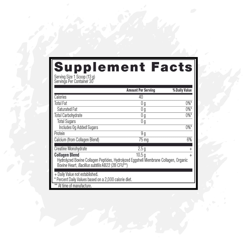 Close-up of ingredients label on VICERA Creatine and Collagen Powder tub.