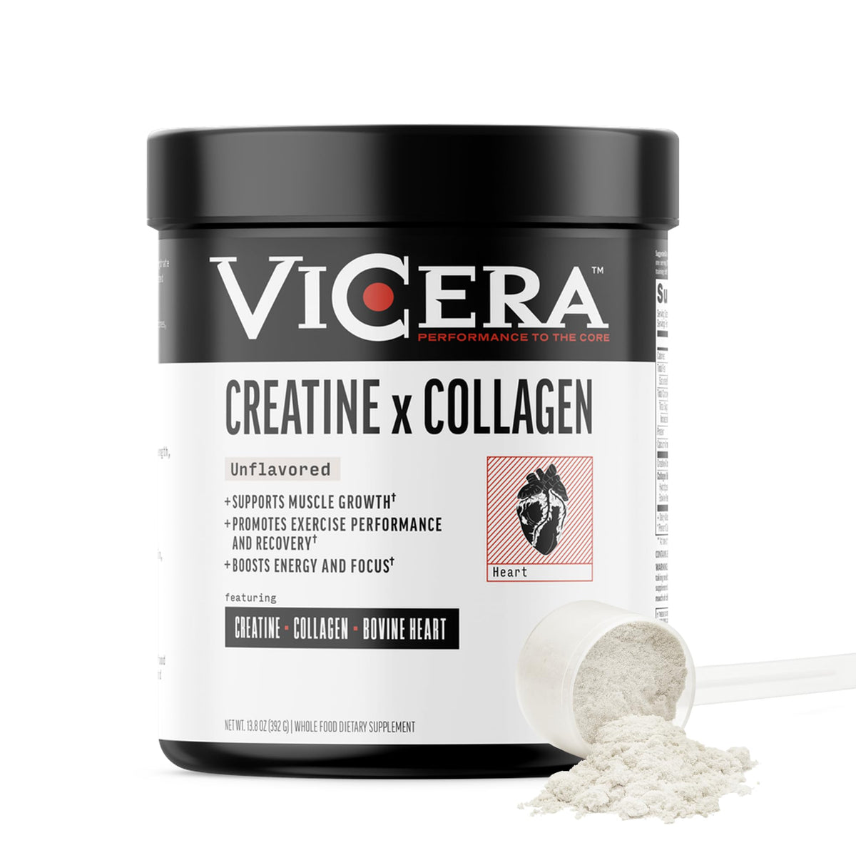 VICERA Creatine and Collagen Powder unflavored tub, gluten-free for easy daily mix.