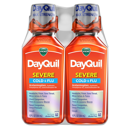 Vicks DayQuil Severe bottle front, delivering fast daytime relief from cold symptoms.