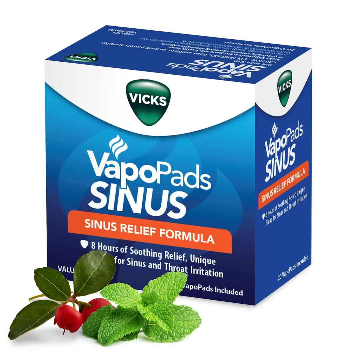 Vicks VapoPads Sinus Relief Formula packaging shown for easy refills and relief.