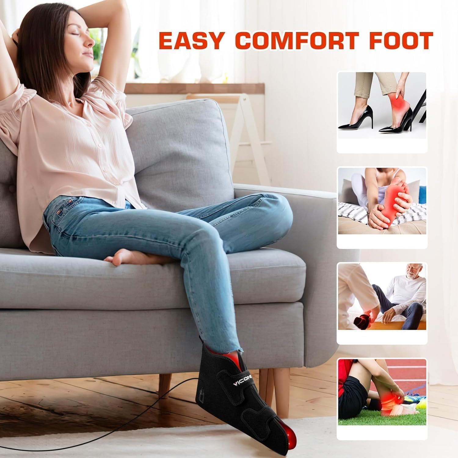 Viconor ankle-toe wrap setup demonstrates customizable heat and light for daily relief.
