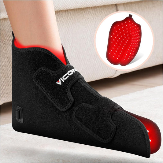 Viconor feet wrap close-up shows soothing red light therapy for at-home use.