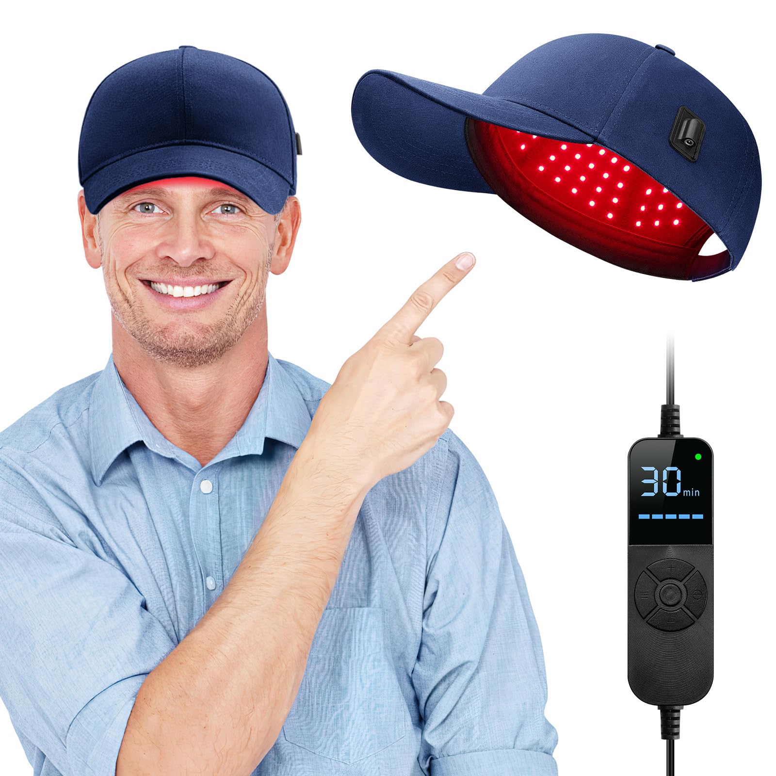 Viconor Laser Cap blue on head for at-home light therapy.