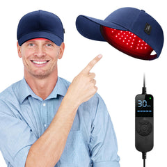 Viconor Laser Cap blue on head for at-home light therapy.