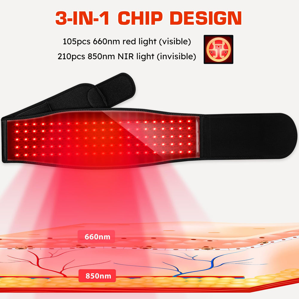 Viconor Red Light Therapy Belt worn on back view demonstrating strap fit