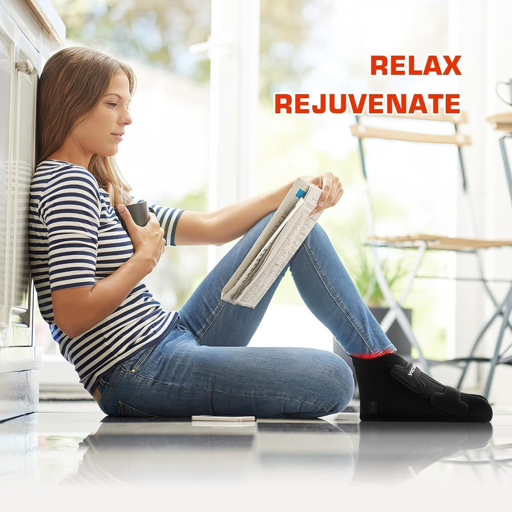 Viconor red light therapy foot device in use on feet for calm, comfortable sessions.