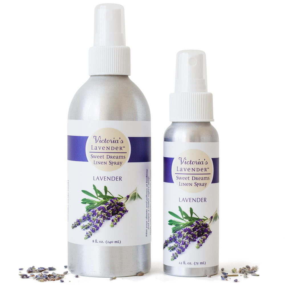 Victoria's Lavender linen spray pillow mist refreshes sheets for calm nights.