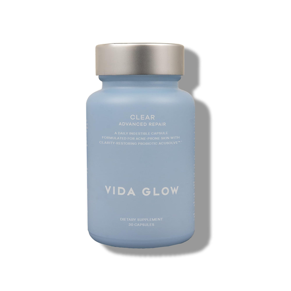 Vida Glow Clear Flawless Complexion bottle front supports daily clear skin.