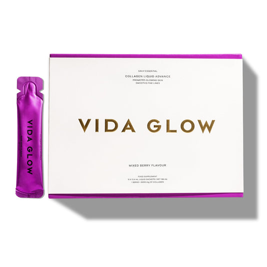Vida Glow Collagen Liquid Advance bottle shows berry flavor and easy daily use