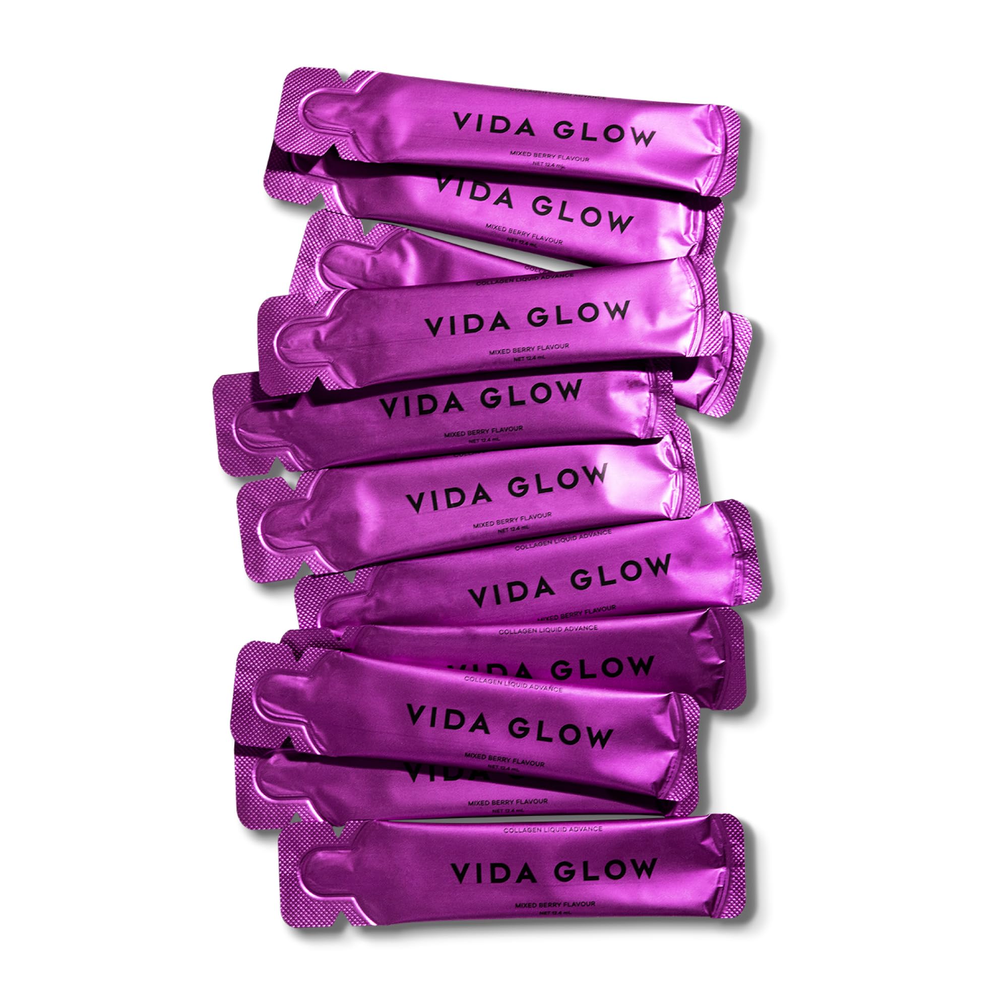 Vida Glow Collagen Liquid Advance ingredients shot emphasizes marine collagen and manuka honey