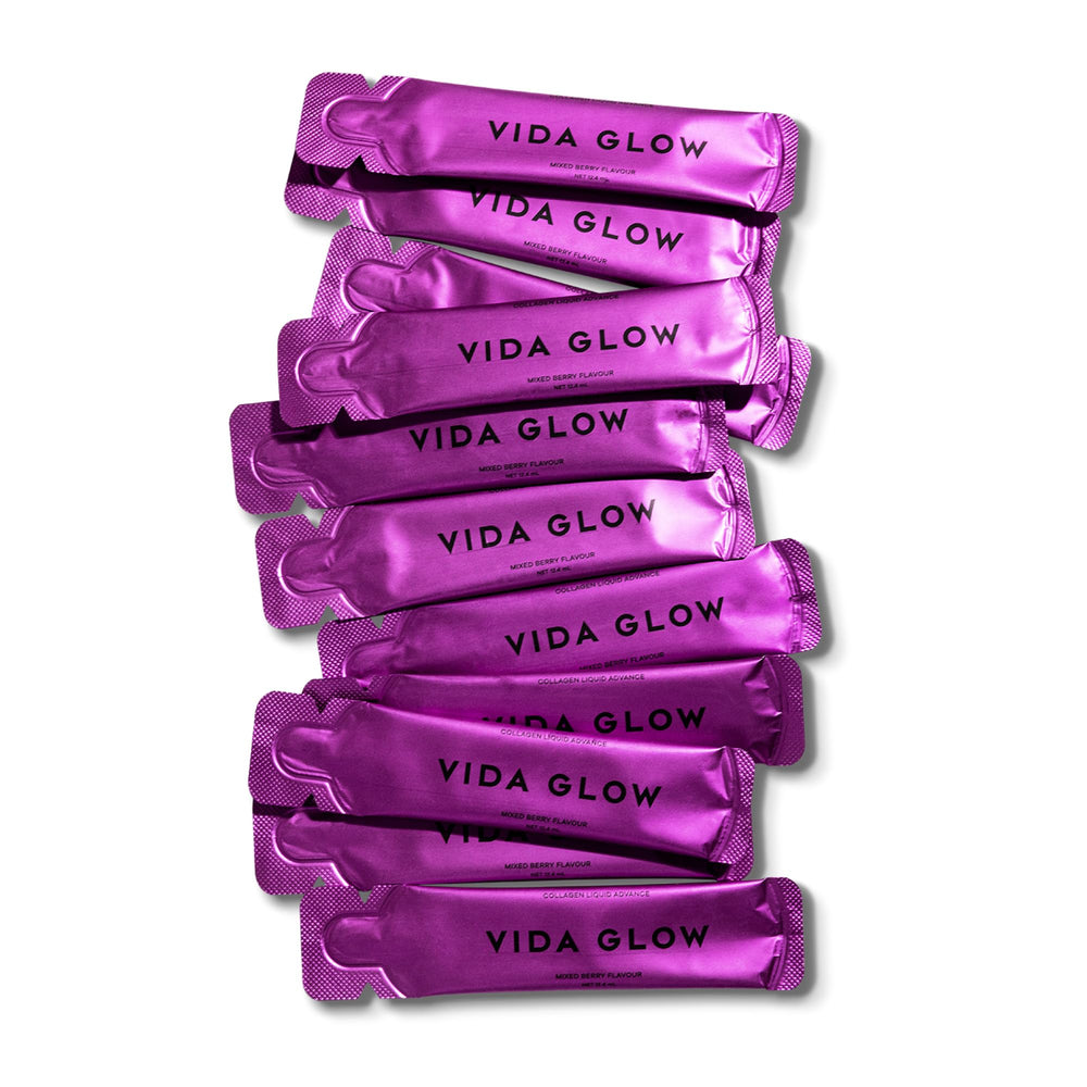 Vida Glow Collagen Liquid Advance ingredients shot emphasizes marine collagen and manuka honey