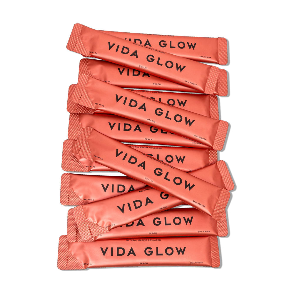 Vida Glow Marine Collagen Powder label closeup reveals ingredients and peptide source.