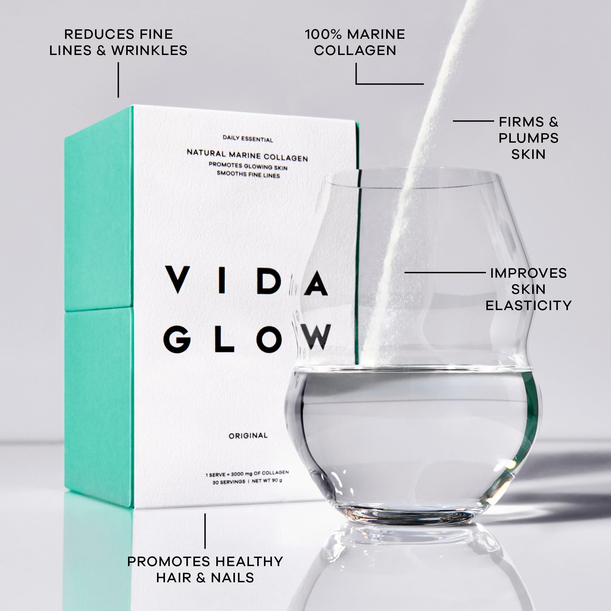 Vida Glow Marine Collagen original flavor sachets for flavorless mix-in versatility