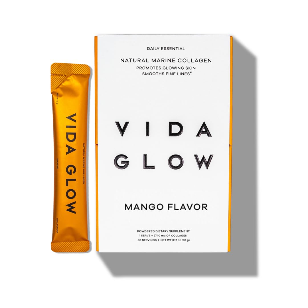 Vida Glow Marine Collagen Powder tub front showing mango flavor for glow