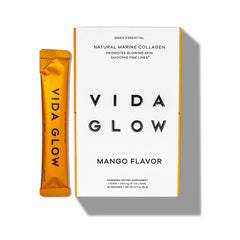 Vida Glow Marine Collagen Powder tub front showing mango flavor for glow