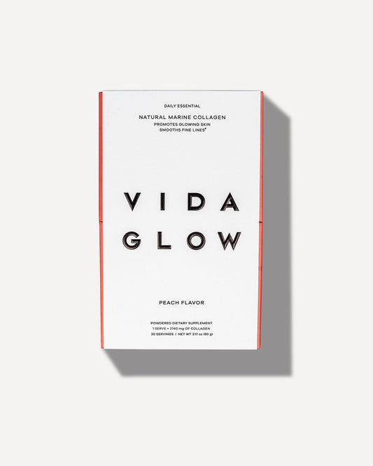 Vida Glow Marine Collagen Powder tub highlighting sustainable sourcing for easy daily collagen intake.