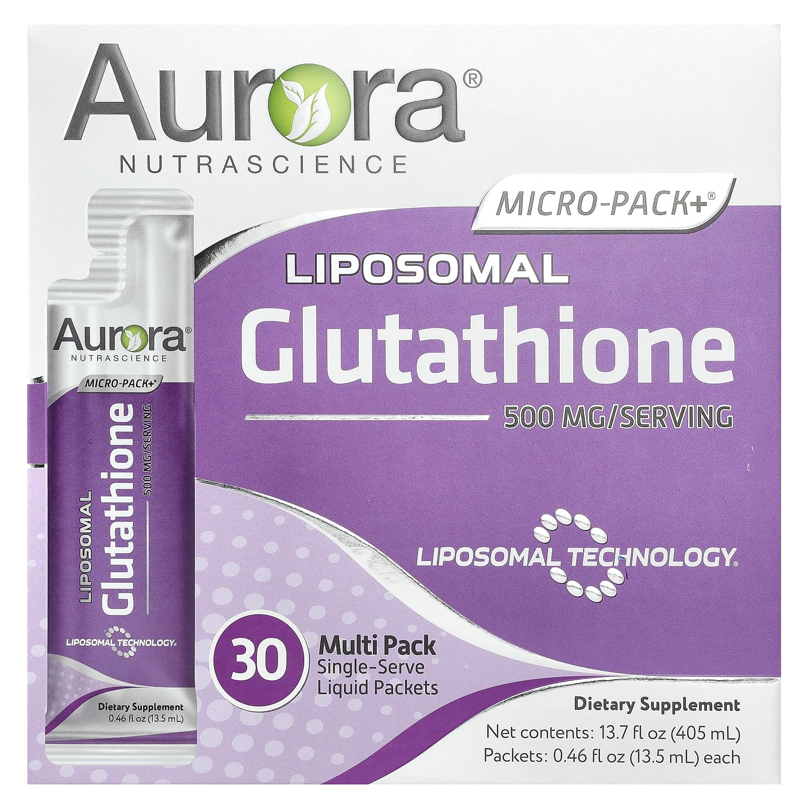 Vida Lifescience Aurora glutathione packets in front view for on-the-go immune support.