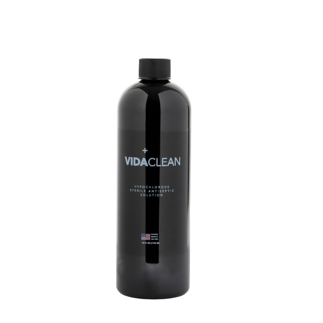 VidaSolutions VidaClean bottle pour demonstrates gentle antiseptic action for skin care.