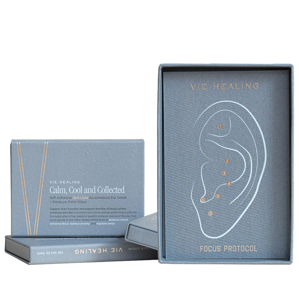 Vie Healing 24K gold ear seeds kit with maps for guided point placement.