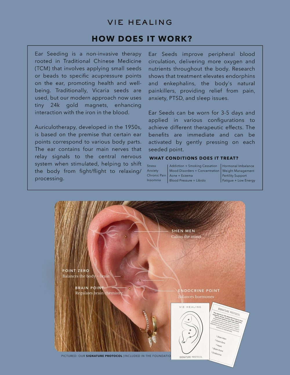 Close-up of Vie Healing 24K gold ear seeds on the ear, premium quality.